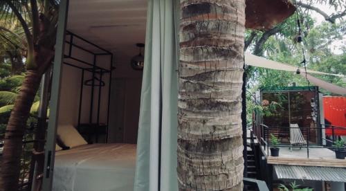 a room with a bed and a palm tree at CASA V - Mizata in Santa María Mizata