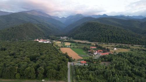 uma vista aérea de uma aldeia nas montanhas em Pensiunea Maya em Sâmbăta de Sus