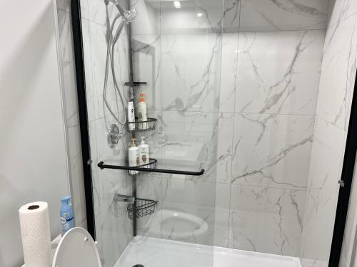 W łazience znajduje się prysznic ze szklaną kabiną prysznicową. w obiekcie Vinash Luxury Suite w mieście Edmonton