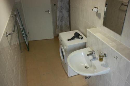 a bathroom with a sink and a toilet at zum Dünengras in Saal