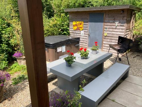 a picnic table and a grill in a garden at 1 Woodlands in Llandysul