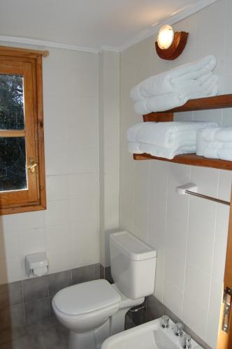 a bathroom with a toilet and a sink and towels at Hosteria Pichi Rincon in Villa La Angostura