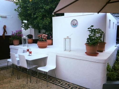a white table and chairs in a patio with plants at Villa Elena in Líndos