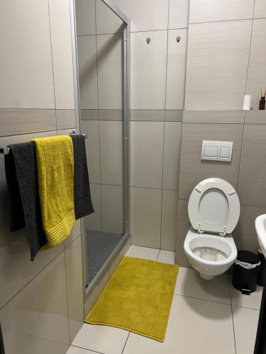 a bathroom with a shower with a toilet and a yellow rug at Yula Apartments in Windhoek