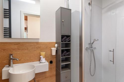 uma casa de banho com um lavatório e um chuveiro em Ferienhaus Schwarzwaldleben em Seebach