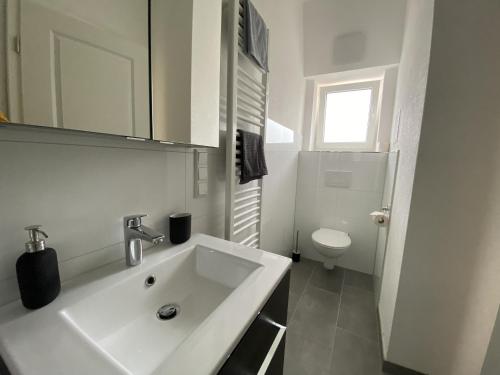 a white bathroom with a sink and a toilet at Sand 68 in Steinau an der Straße