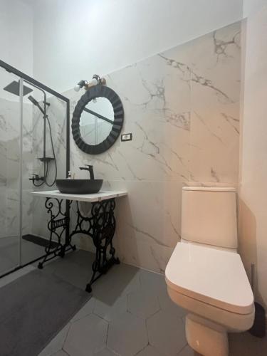 uma casa de banho com um WC, um lavatório e um espelho. em Barty downtown apart 2 em Timişoara