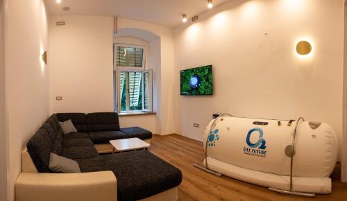 Stay & Heal Apartman في روغاسكا سلاتينا: غرفة معيشة مع أريكة وقارب على الحائط