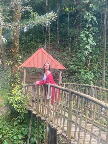 a woman sitting on top of a wooden bridge at Bloomfield Farmhouse and Eco-Resort in Darjeeling