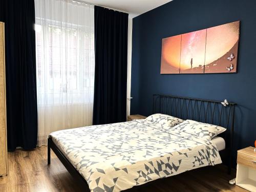 a bedroom with a bed with a blue wall at Marius Studio in Braşov