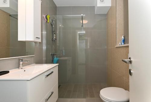a bathroom with a shower and a sink and a toilet at Apartment TRI MASLINE with seaview in Trogir