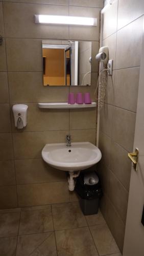 a bathroom with a sink and a mirror at Attila Hotel Budapest in Budapest