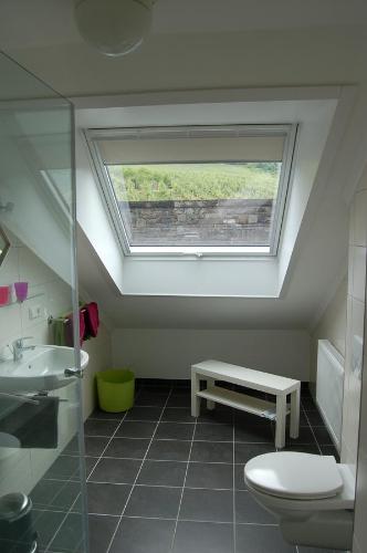 a bathroom with a window and a toilet and a sink at Ferienhaus Mosel Bub in Bruttig-Fankel