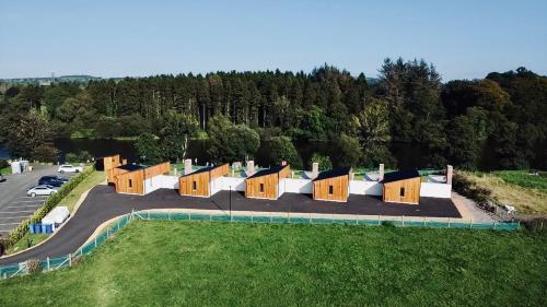 an aerial view of a group of tiny houses at River Bann Retreat in Portglenone