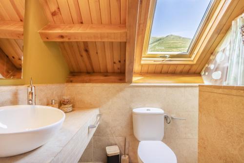 a bathroom with a sink and a toilet and a window at La Cabanyeta de la Vall de Boí in Pla de l'Ermita