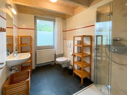 a bathroom with a sink toilet and a shower at Ferienhaus Wiesengeflüster E3 - familienfreundlich nur 3 Minuten zum Strand in Röbel