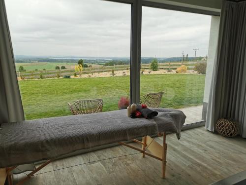 a bed in a room with a large window at Relax V Kraji in Žernov