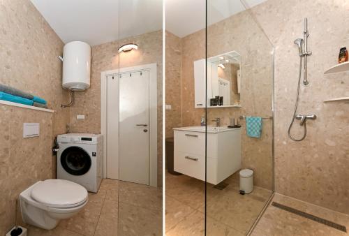 two pictures of a bathroom with a toilet and a shower at Apartment TRI MASLINE with seaview in Trogir
