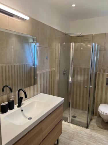 La salle de bains est pourvue d'un lavabo et d'une douche. dans l'établissement Center boutique Apartment, à Netanya