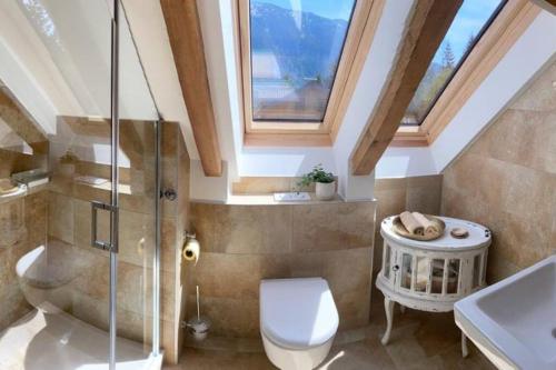 a bathroom with a shower and a toilet and a sink at Seegut Steeg am Hallstättersee in Bad Goisern