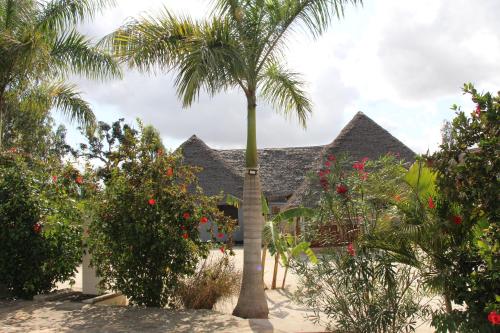 a palm tree in front of a house with trees at Mapeni Lodge in Kidenge