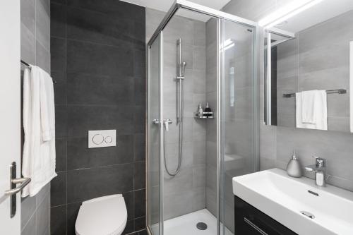 a bathroom with a shower and a toilet and a sink at Studio NATASCHA Interlaken in Interlaken