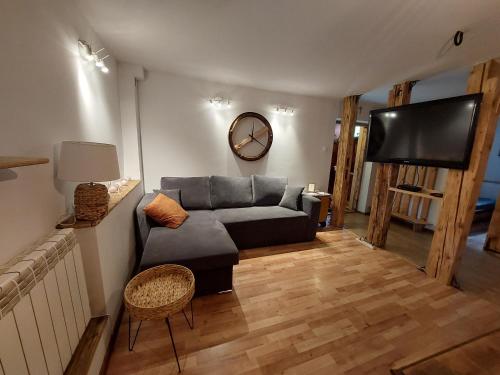 a living room with a couch and a flat screen tv at Apartamenty u Janka in Krynica Zdrój