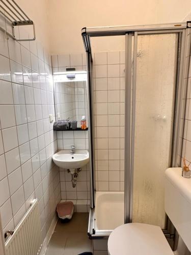 a bathroom with a shower and a sink and a toilet at Modernes Appartement Nähe City in Dortmund