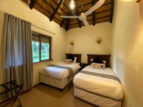 1 dormitorio con 2 camas y ventana en Private Villa with Private Pool - Kruger Park Lodge, en Hazyview