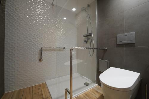 ミエルノにあるApartament przy plaży 3のバスルーム(シャワー、トイレ、ガラス張りのシャワー付)