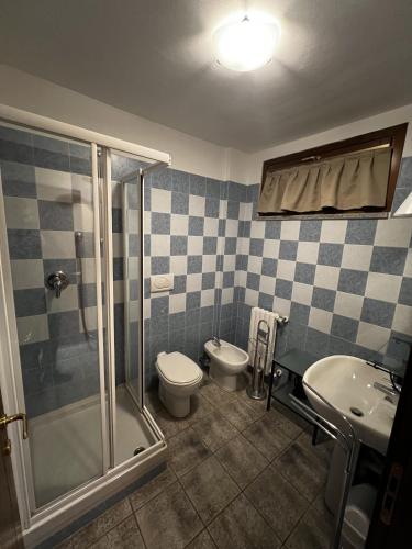 a bathroom with a shower and a toilet and a sink at Chalet Edelweiss - Estella Hotel Collection in Sestriere
