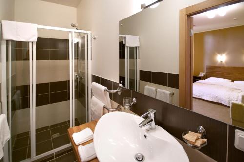 ein Bad mit einem Waschbecken, einer Dusche und einem Spiegel in der Unterkunft Viesnīca Atpūta in Cēsis