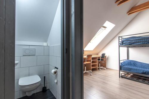 a bathroom with a toilet and a bunk bed at Bohinj Barn in Bohinj