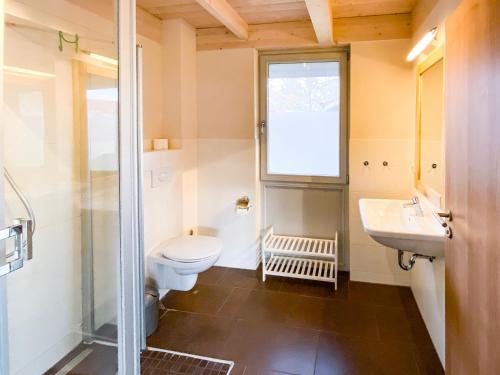 een badkamer met een toilet en een wastafel bij Ferienhaus Wiesengeflüster W3 - mit Fasssauna und Garten, 300 m zur Müritz in Röbel