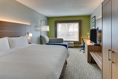 a hotel room with a bed and a desk and a television at Holiday Inn Express & Suites Bad Axe, an IHG Hotel in Bad Axe