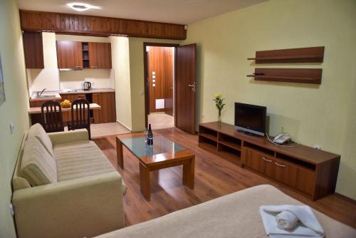 a living room with a couch and a table and a television at Apart Hotel Comfort in Bansko