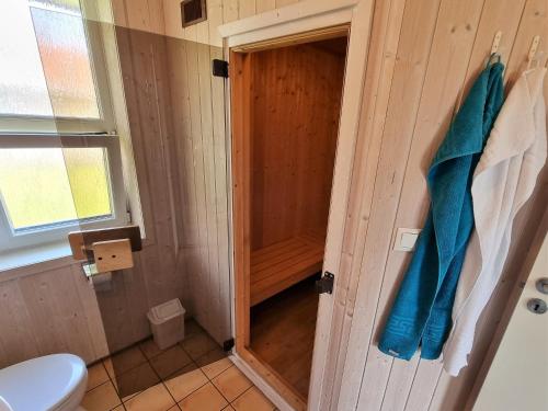 a bathroom with a shower with a blue towel at Ferienhaus Strandblick 13 in Brodersby