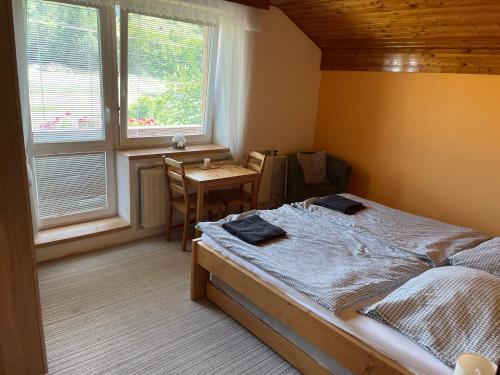ein Schlafzimmer mit einem Bett, einem Tisch und zwei Fenstern in der Unterkunft Chalupa pod Pustevnami in Trojanovice