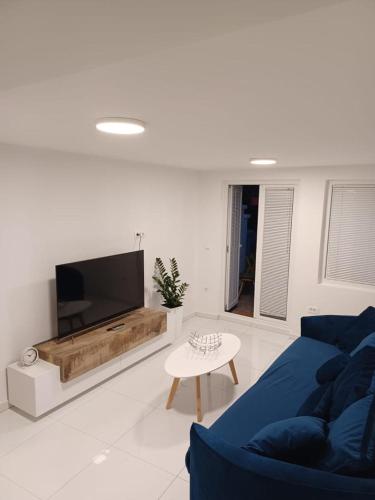 een woonkamer met een blauwe bank en een tv bij Katarina in Sveti Filip i Jakov