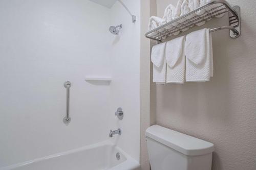 a bathroom with a toilet and a bath tub and towels at Econo Lodge Inn & Suites Foley-North Gulf Shores in Foley