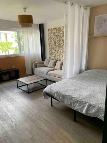 a living room with a bed and a couch at Charmant studio cosy avec parking in Caen