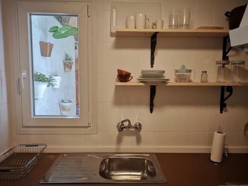 een keuken met een wastafel en een raam met planten bij La Casa del Chellero in Enguera