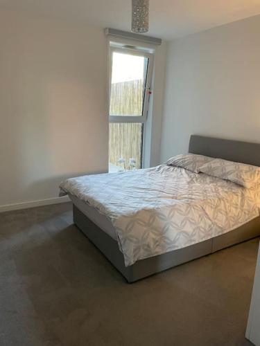 Bett in einem Zimmer mit Fenster in der Unterkunft Flat in the Heart of Chelmsford in Chelmsford