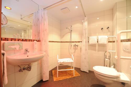 a bathroom with a sink and a toilet and a shower at Hotel Markkleeberger Hof in Markkleeberg