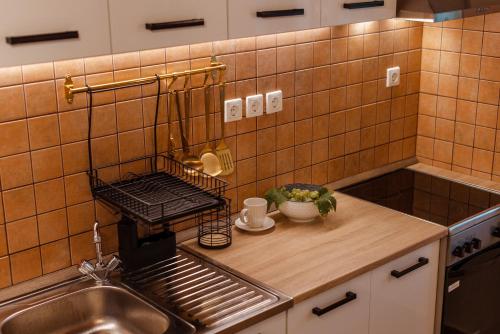 a kitchen with a sink and a counter top at PAMPUSKA Apartman in Gyomaendrőd