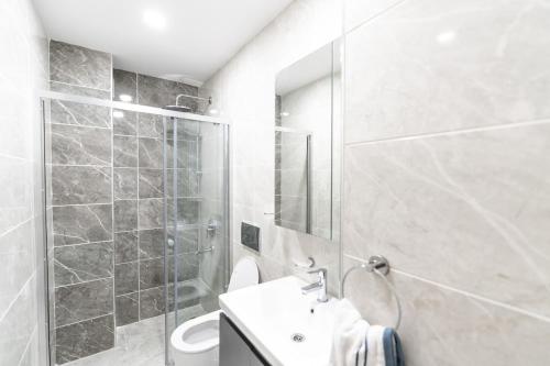 a bathroom with a shower and a sink and a toilet at Relaxing Getaway Serene 2br Apt in Istanbul
