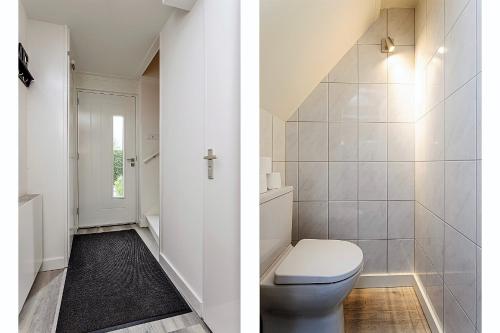 two images of a bathroom with a toilet and a hallway at Kustverhuur, Park Schoneveld, Stern 204 in Breskens