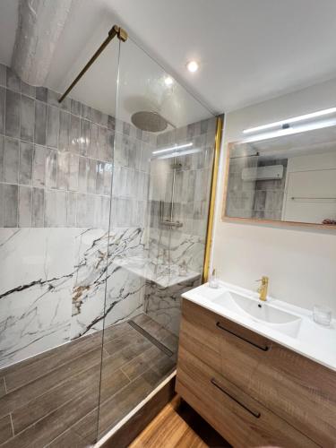 une salle de bain avec douche et lavabo dans l'établissement Appartement Gaillard, à Sanary-sur-Mer