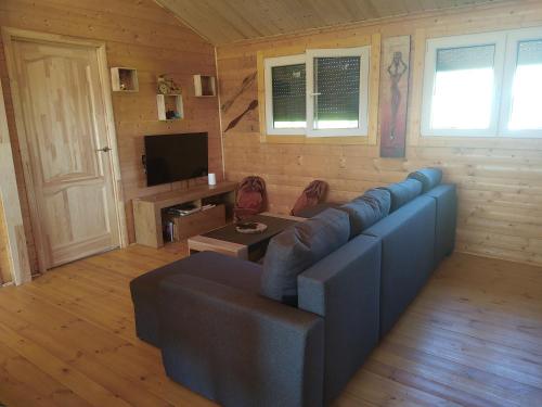 un soggiorno con divano blu e TV di Maison bois a Squiffiec