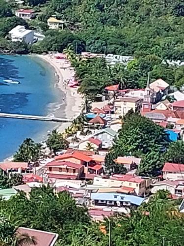 a view of a village with a beach and houses at Balaou in Les Anses-dʼArlets